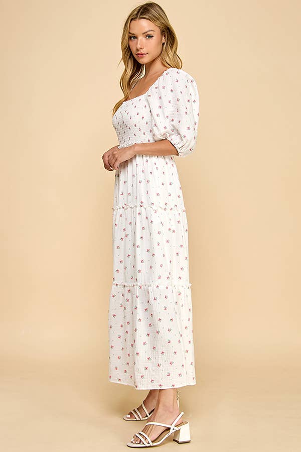 Million Colors - Vendita all'ingrosso Vestito - Donna - Abito Midi a Balze con Maniche a Sbuffo e Motivo Floreale Rosso Off-White di Hattie6