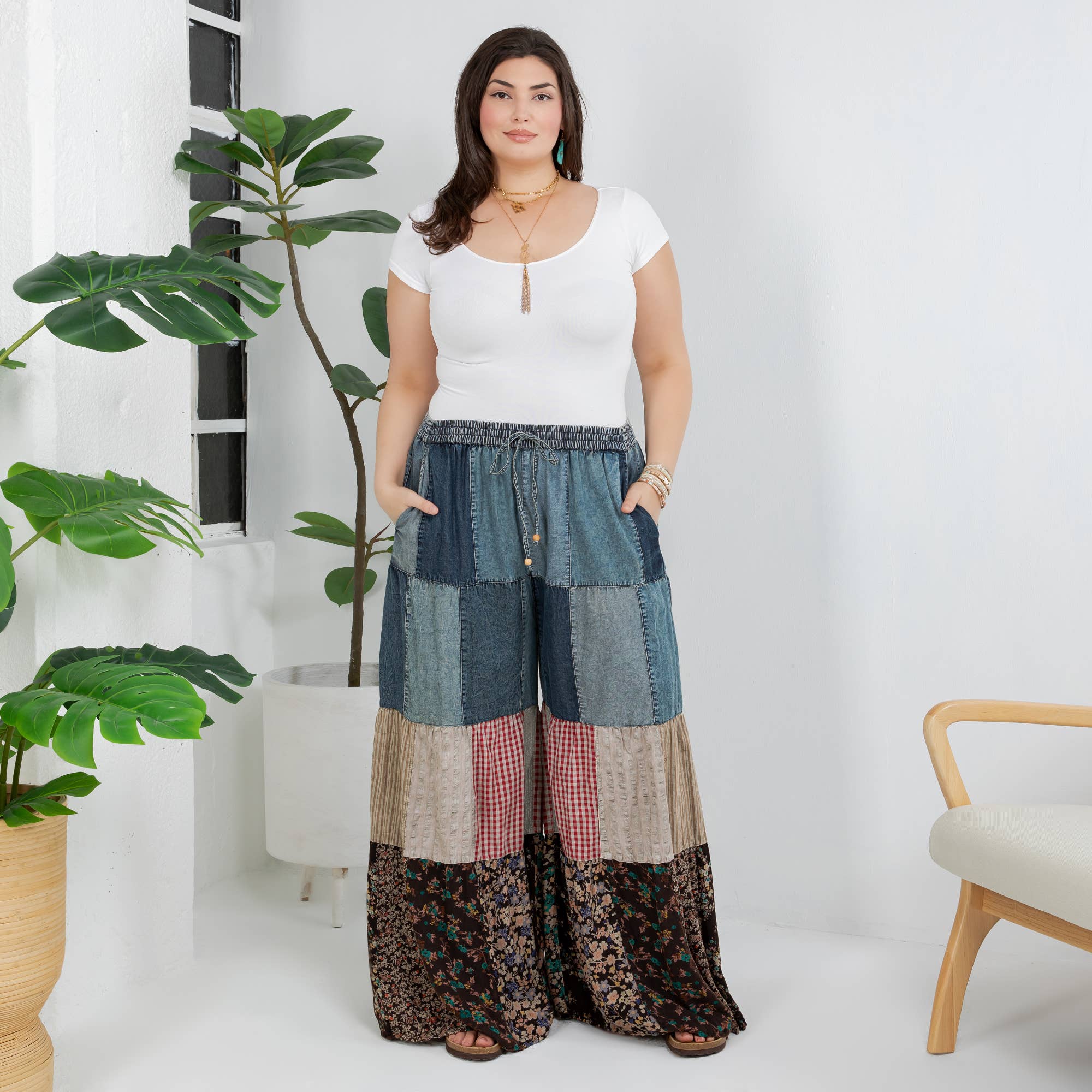 Young Threads - Venta al por mayor Pantalones - Mujer - Pantalones de Encaje y Punto con Inserciones de Parche en Denim de Capas Boho (Nuevo)18