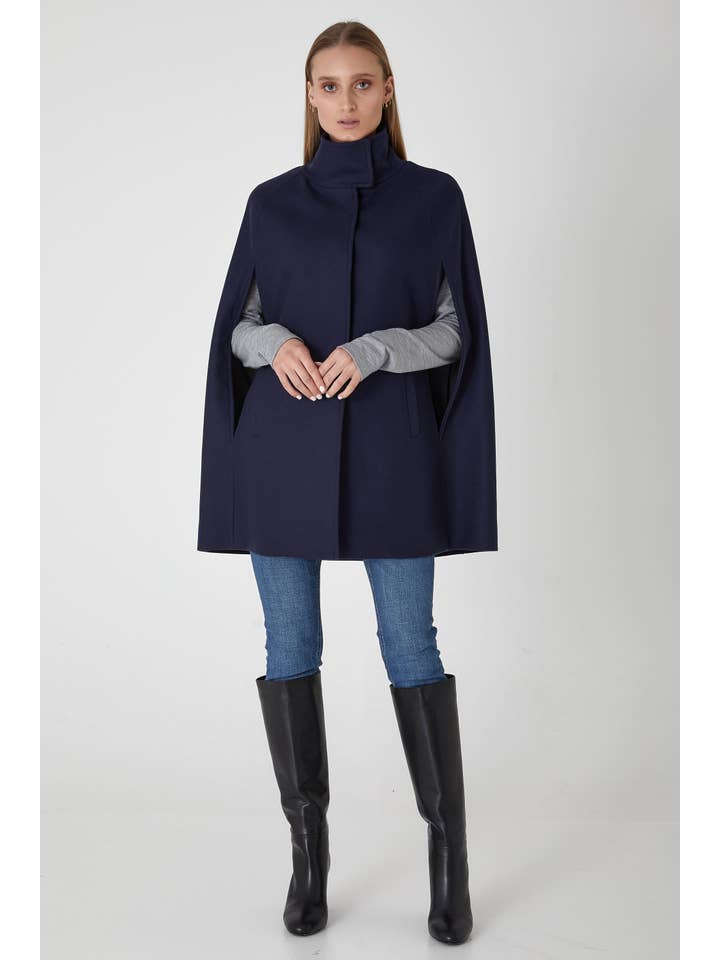 Allora - Wholesale Cape - Women's - Single Breasted Wool Cashmere Cape Coat - Ink