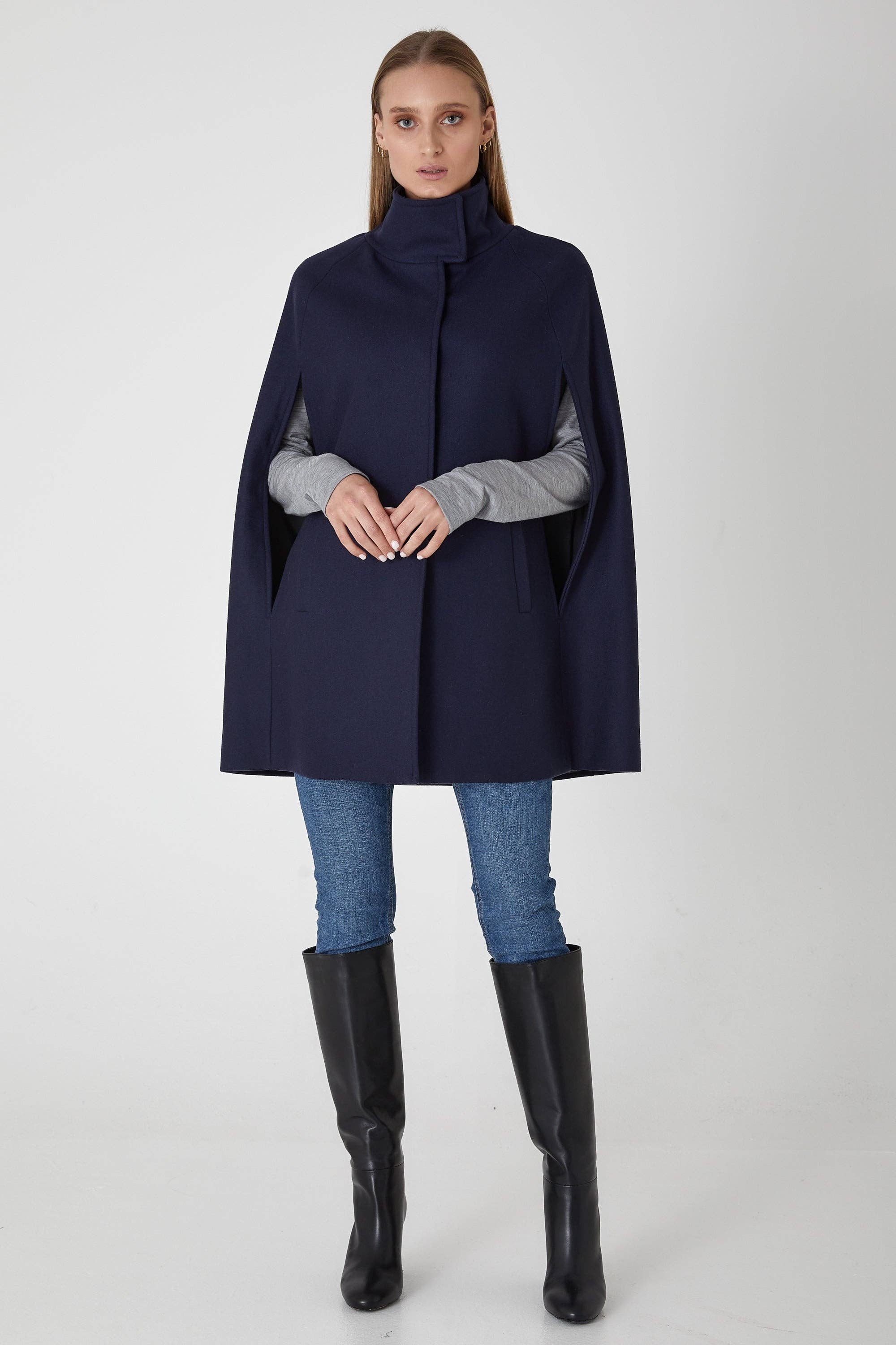 Allora – Engroshandel Kappe - Dame – Enkeltbrystet Uld Cashmere Cape Coat - Blæk
