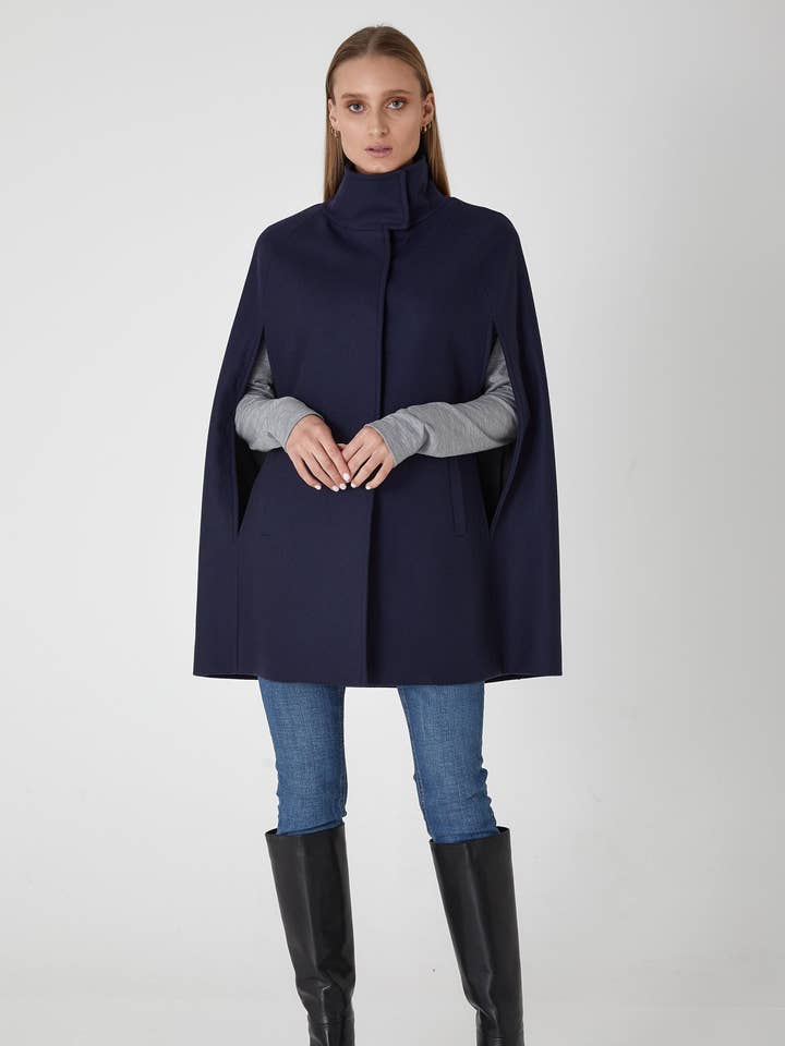Single Breasted Wool Cashmere Cape Coat - Ink for wholesale by Allora