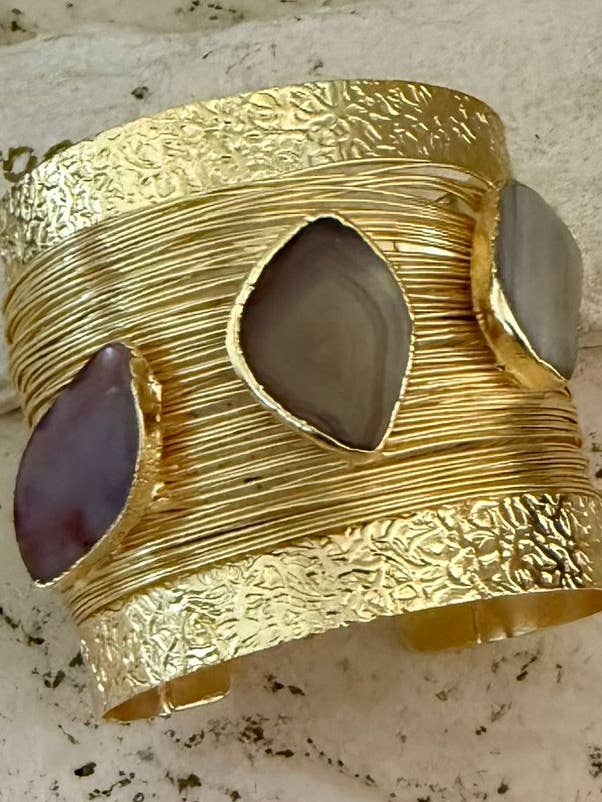 Gold Textured Wide Cuff – Agate & Natural Stone Detail for wholesale by BUBU BY TEKIN SHOP