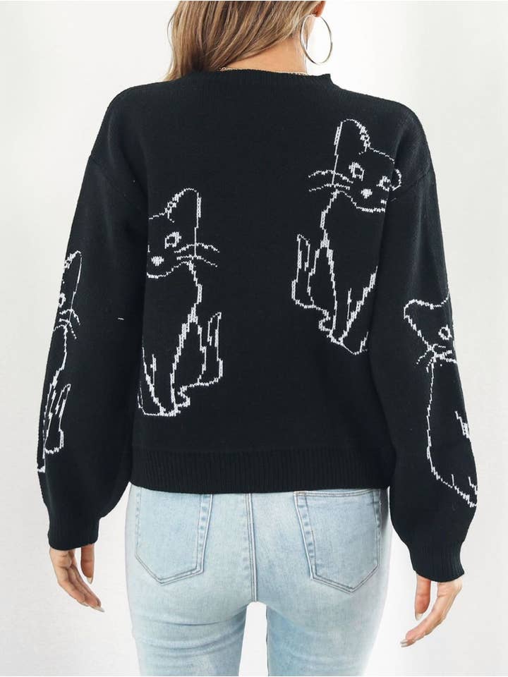 HIDDENBRAND - Wholesale Knit Sweater - Women's - Cat Jacquard Long-Sleeved Knit Sweater10