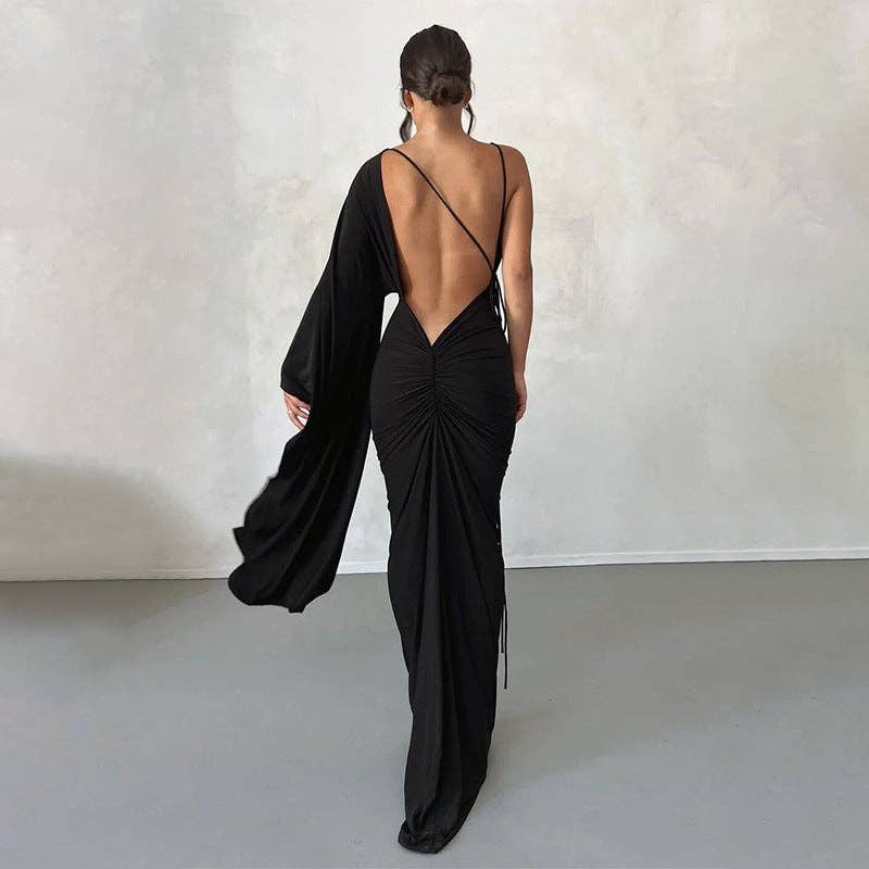 VividLux - Wholesale Gown - Women's - Summer Women Clothing One Shoulder Sleeve Sexy Low Cut Backless Evening Dress0
