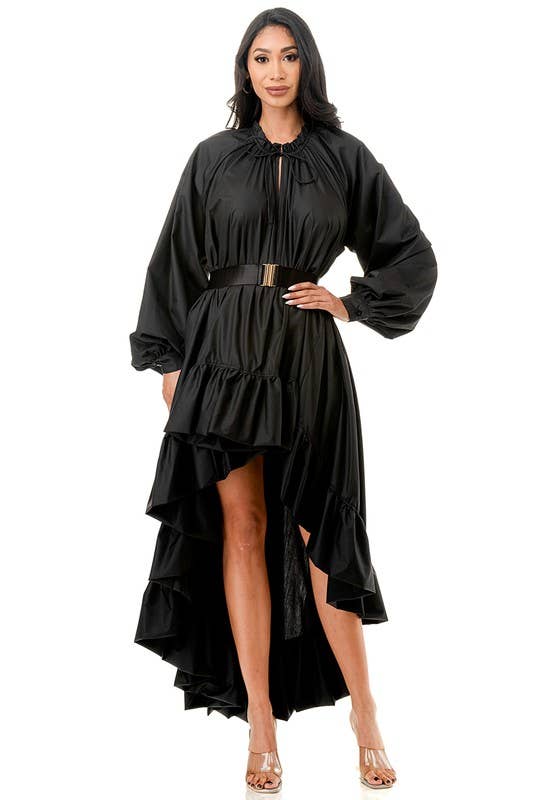 Namatt Design – Großhandel Kleid – Damen – Normales Kleid mit Rüschenausschnitt und hohem, tiefem Rüschensaum und Gürtel0