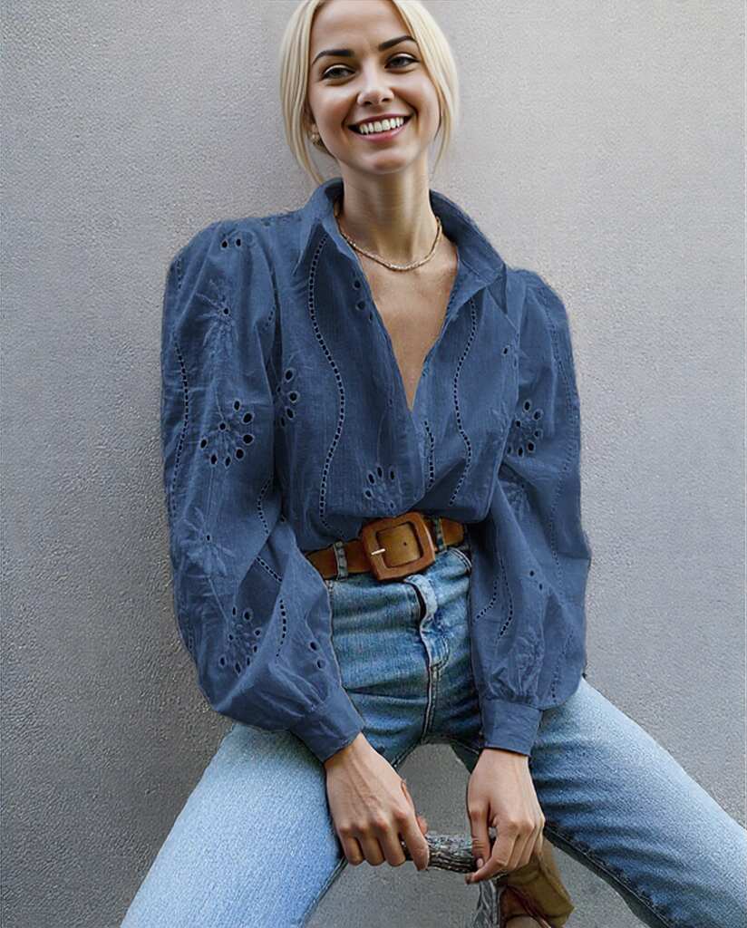 Anna Kaci Wholesale - Vente Chemise à col boutonné – femme - Blouse à manches longues boutonnée en broderie anglaise13