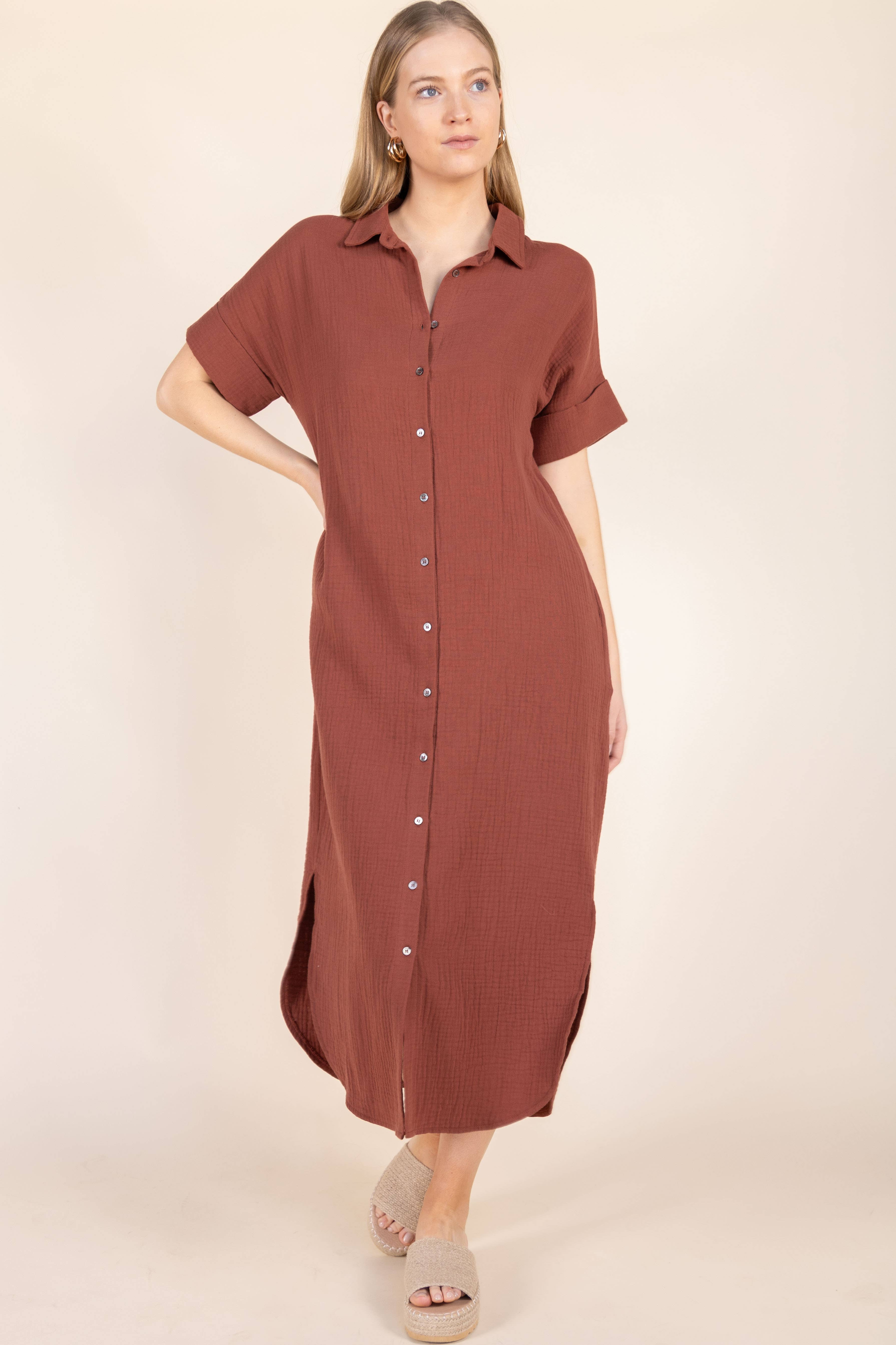 Before You Collection - Wholesale Dress - Women's - 3-Ply Heavy Gauze Button Up Shirt Dress12
