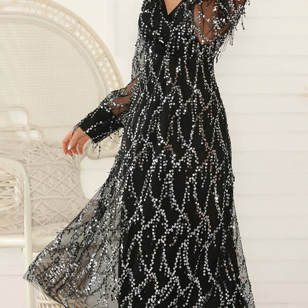 Lange mouwen, losse gaaszakken, doorzichtige lovertjes, split-joint, V-hals, avondjurken, midi-jurken voor wholesale door Sheer Trend