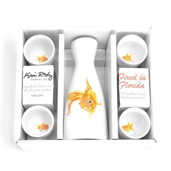 Goldfish Boxed Sake Set for wholesale by Kim Rody Creations LLC