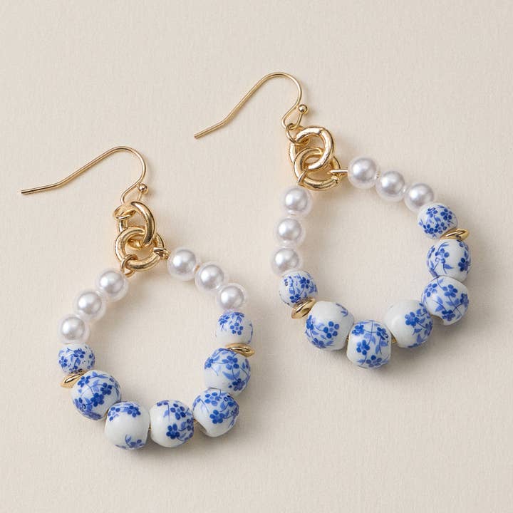 Pink & Blue Floral Ceramic Hoop Earrings for wholesale by Frem
