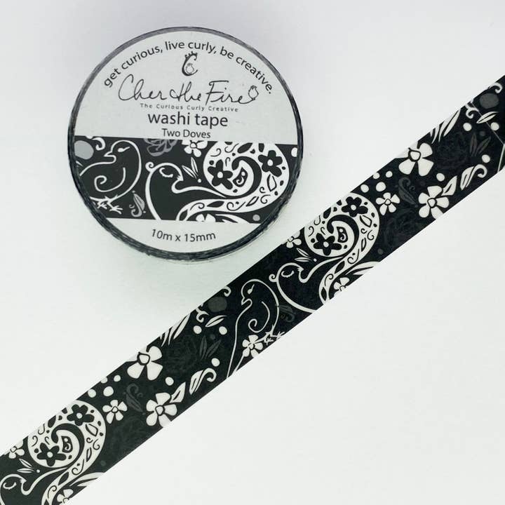 Ruban Washi, Two Doves, noir/blanc - 15 mm pour la vente par Cher the Fire