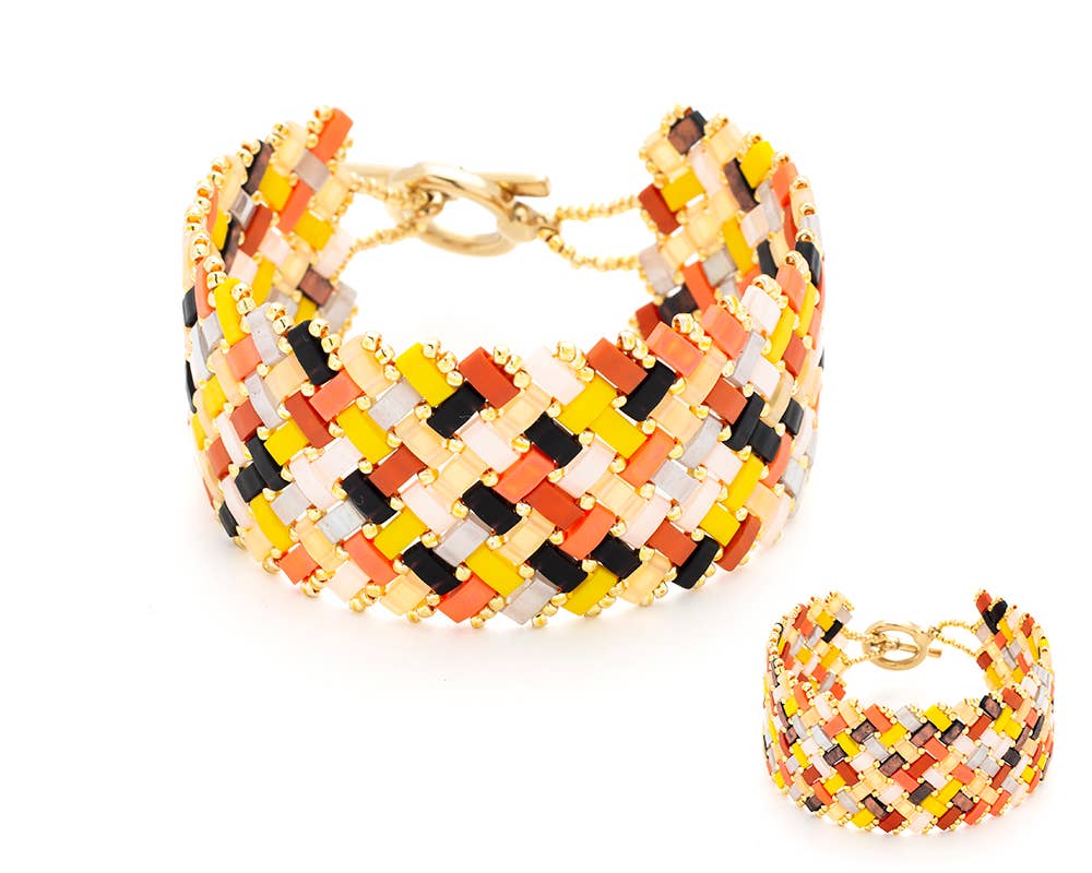 Bijoux 7bis - Vente Bracelet de perles - Bracelet acier manchette tissage de perles TILA fermoir en T0