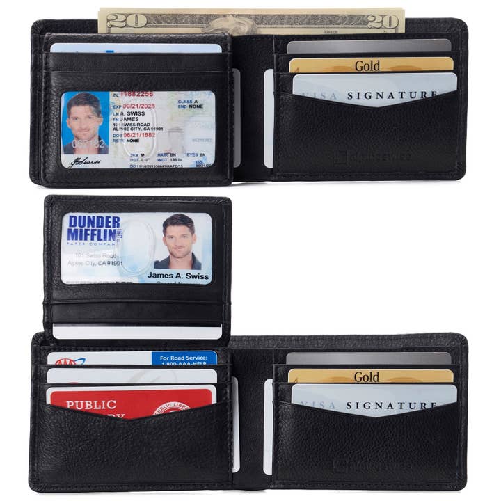Carteira masculina Alpine Swiss Couro Genuíno Passcase Bifold RFID Safe 2 ID Windows - 990 Carteira - Passcase por atacado de Alpine Swiss