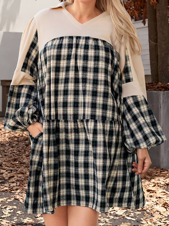 Plus Size Plaid Knit Patchwork Collared V Neck Mini Dress for wholesale by 66DISCO