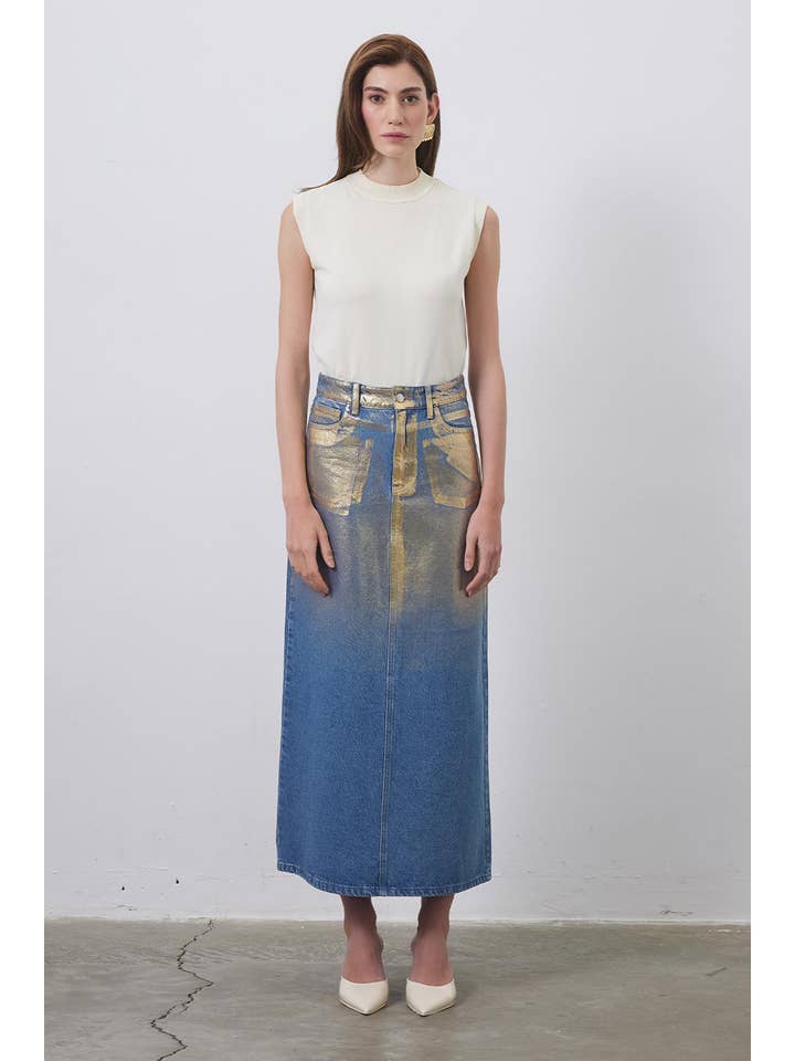 Kadriye Baştürk - Wholesale Skirt - Women's - Bright Printed Denim Pencil Skirt Gold