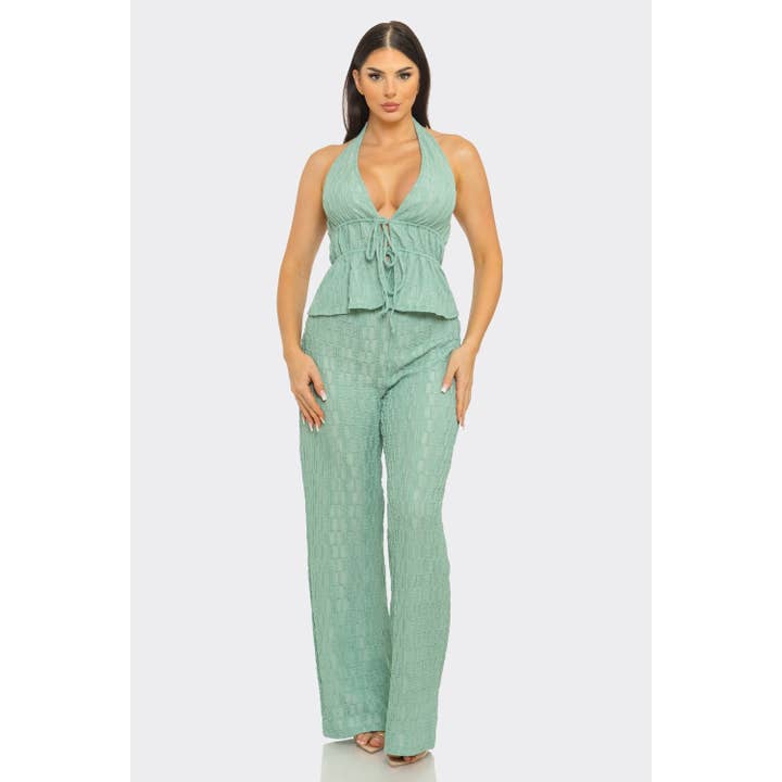 Front Front Spaghetti Tie Halter Neck Top And Pants Set for wholesale by omgstyles