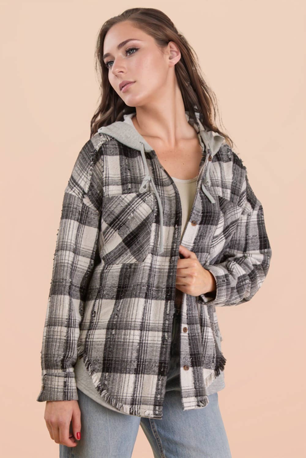 VERY J - Wholesale Jacket - Women's - NT12253-Oversized Flannel Hooded Button Down Jacket17