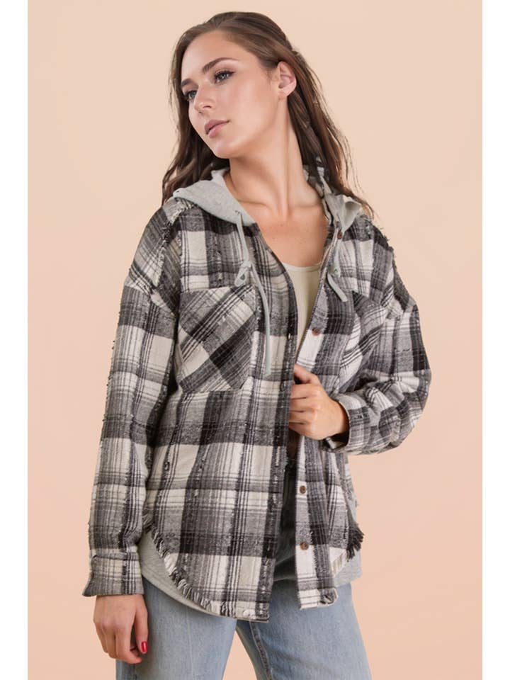 VERY J - Wholesale Jacket - Women's - NT12253-Oversized Flannel Hooded Button Down Jacket17
