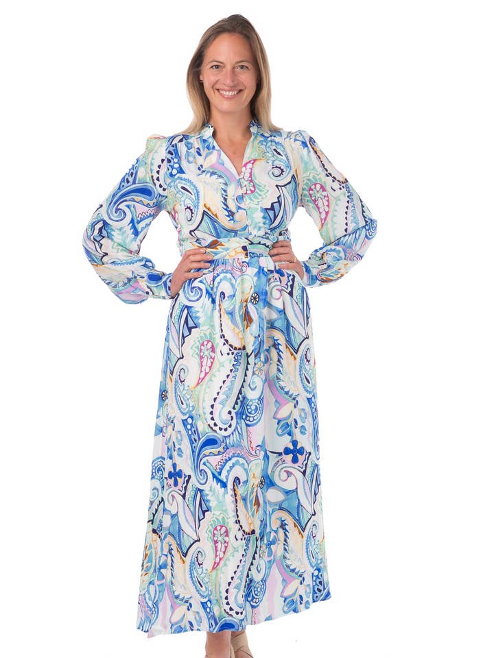 Tomassa FB261 - Vestido Maxi Azul Turbilhão para Mulher S/M/L por atacado de Franchetti Bond