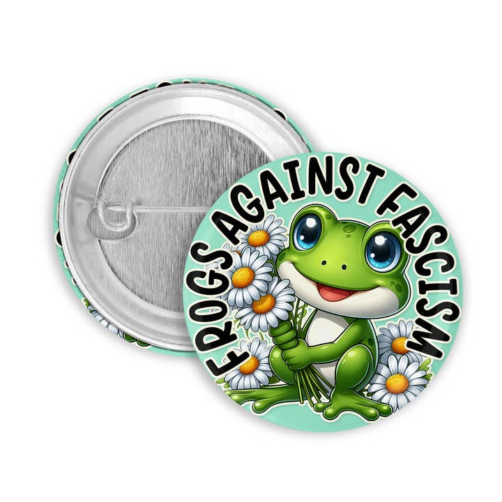 Frogs Against Fascism button for wholesale by Prickly Cactus Collage