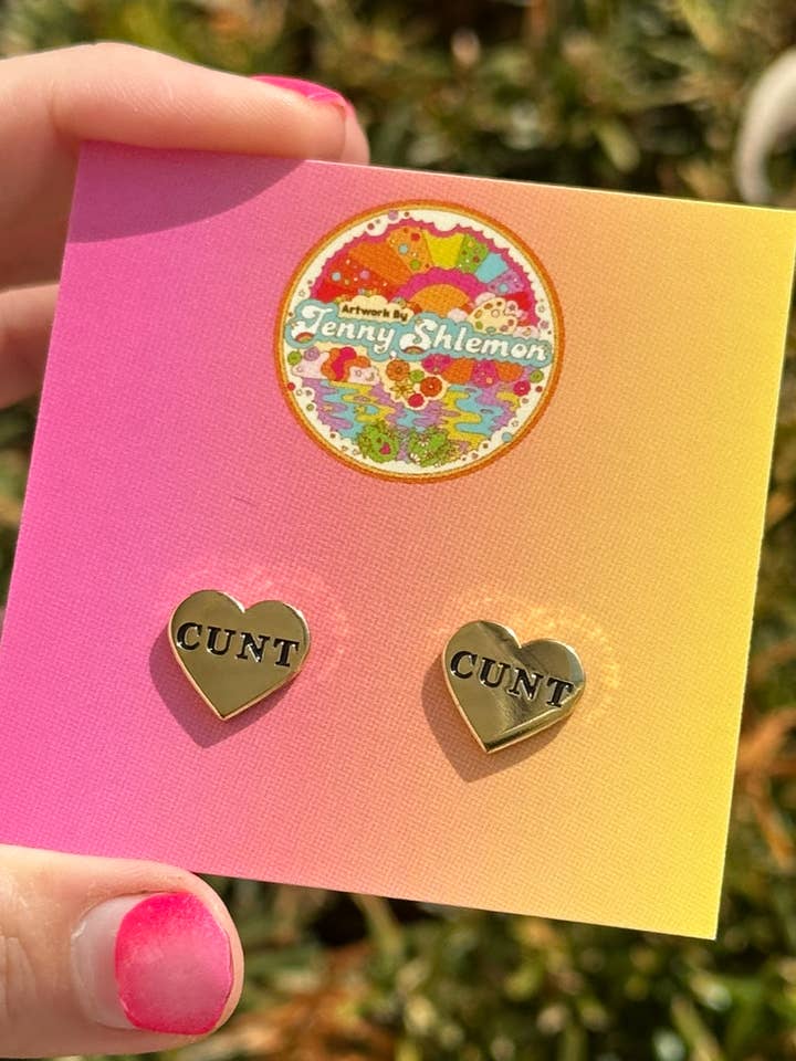 Golden Enamel Cunt Heart Stud Earrings for wholesale by ShlemonArt