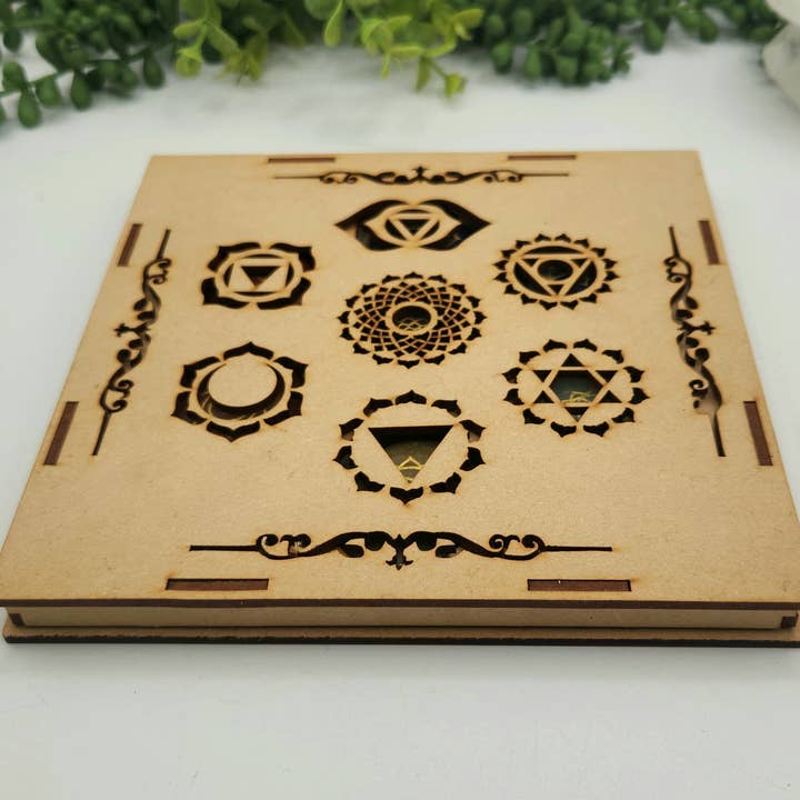 Meraki Gemstones - Wholesale Spiritual Stone/Crystal - Chakra Crystal Set-Palmstone Shape-Charkra Symbols Box Wood