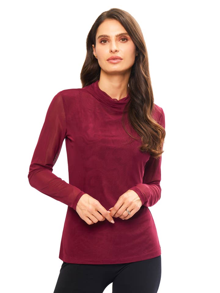 Adore - Wholesale Blouse - Women's - B9195-M - Burgandy Mesh Cowl Neck Top