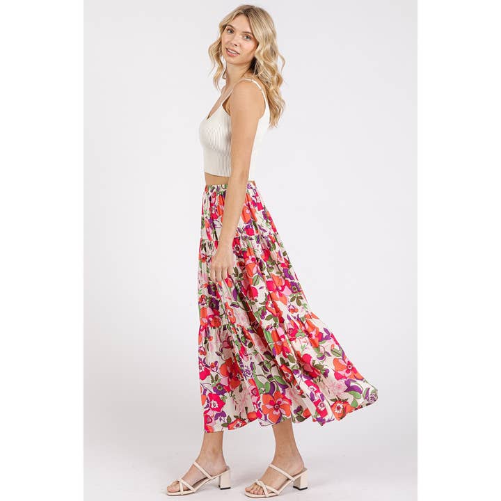 mittoshop - Wholesale Skirt - Women's - FLOWER PRINT ELASTIC WAIST TIERED MAXI SKIRT