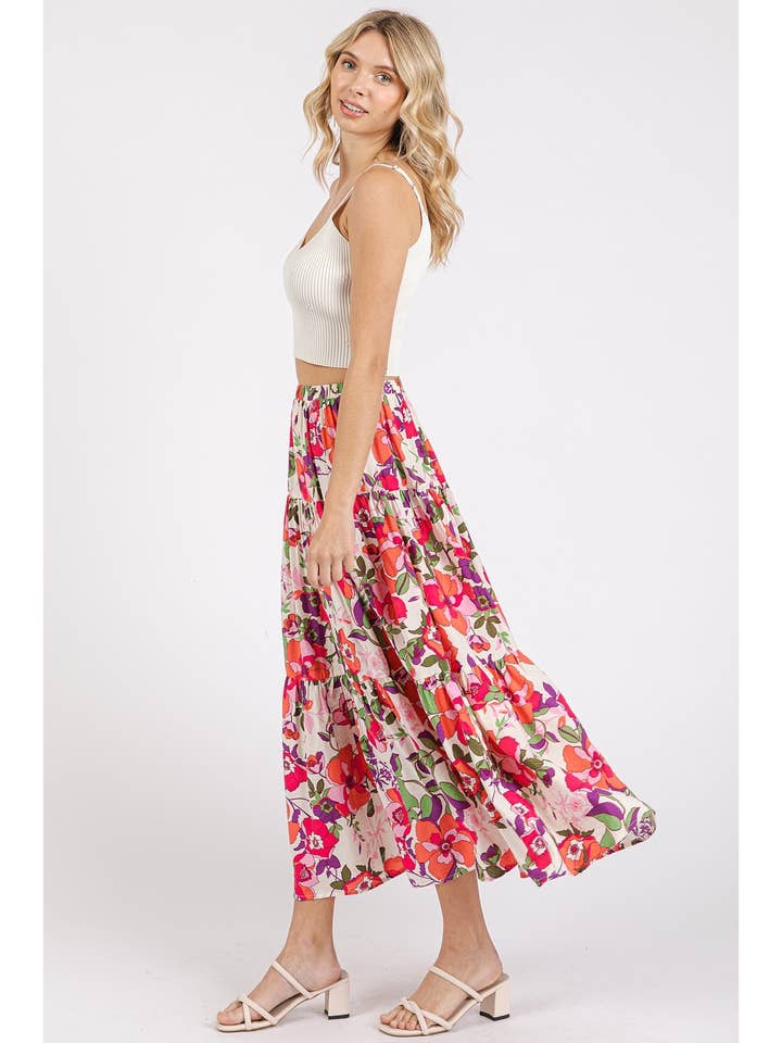FLOWER PRINT ELASTIC WAIST TIERED MAXI SKIRT for wholesale by mittoshop