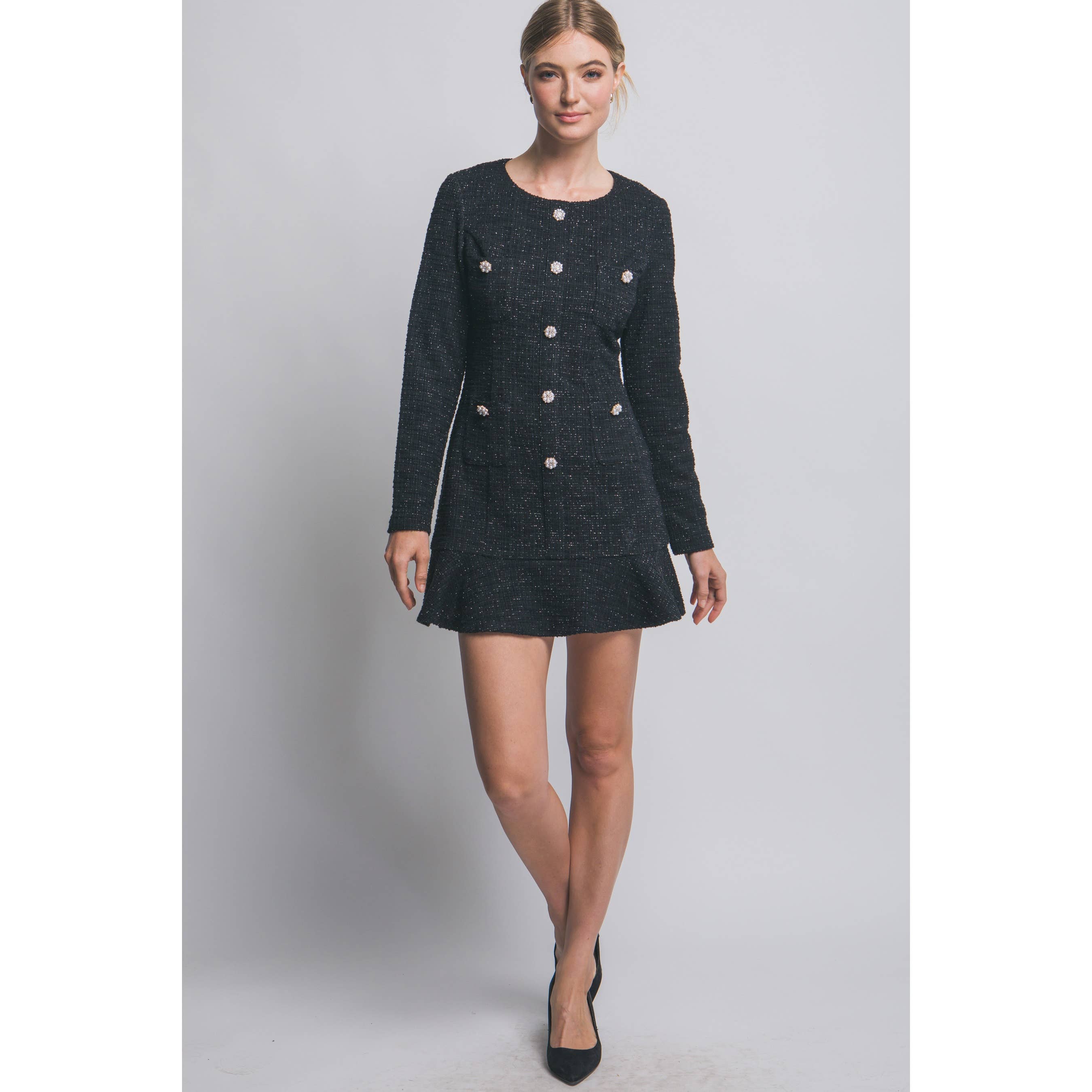 Paperdoll - Wholesale Dress - Women's - Long Sleeve Tweed Single Breasted Dress4