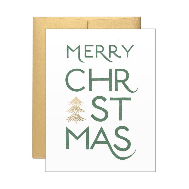 Merry Christmas Text - Gold Tree - Letterpress Holiday Card for wholesale by Lake Erie Design Co.