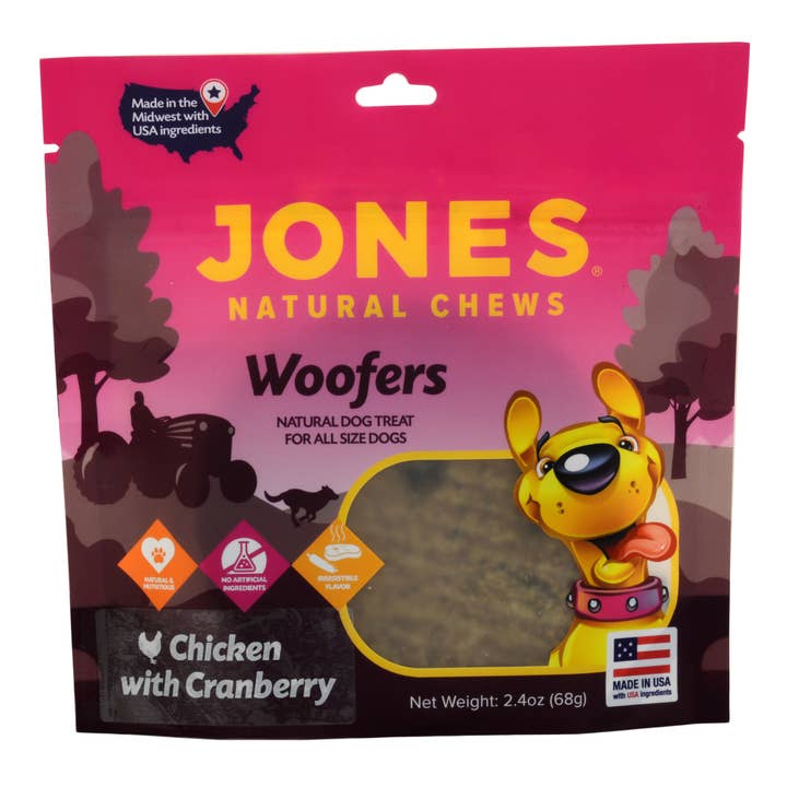 Woofers Plus Chicken with Cranberry 3 Pack Pre Printed Stand Up Pouch with Zipper for wholesale by Jones Natural Chews