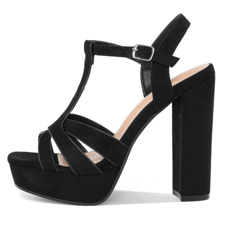 Sandales à talons hauts à plateforme et à bretelles en T, en daim, noires pour la vente par potiful