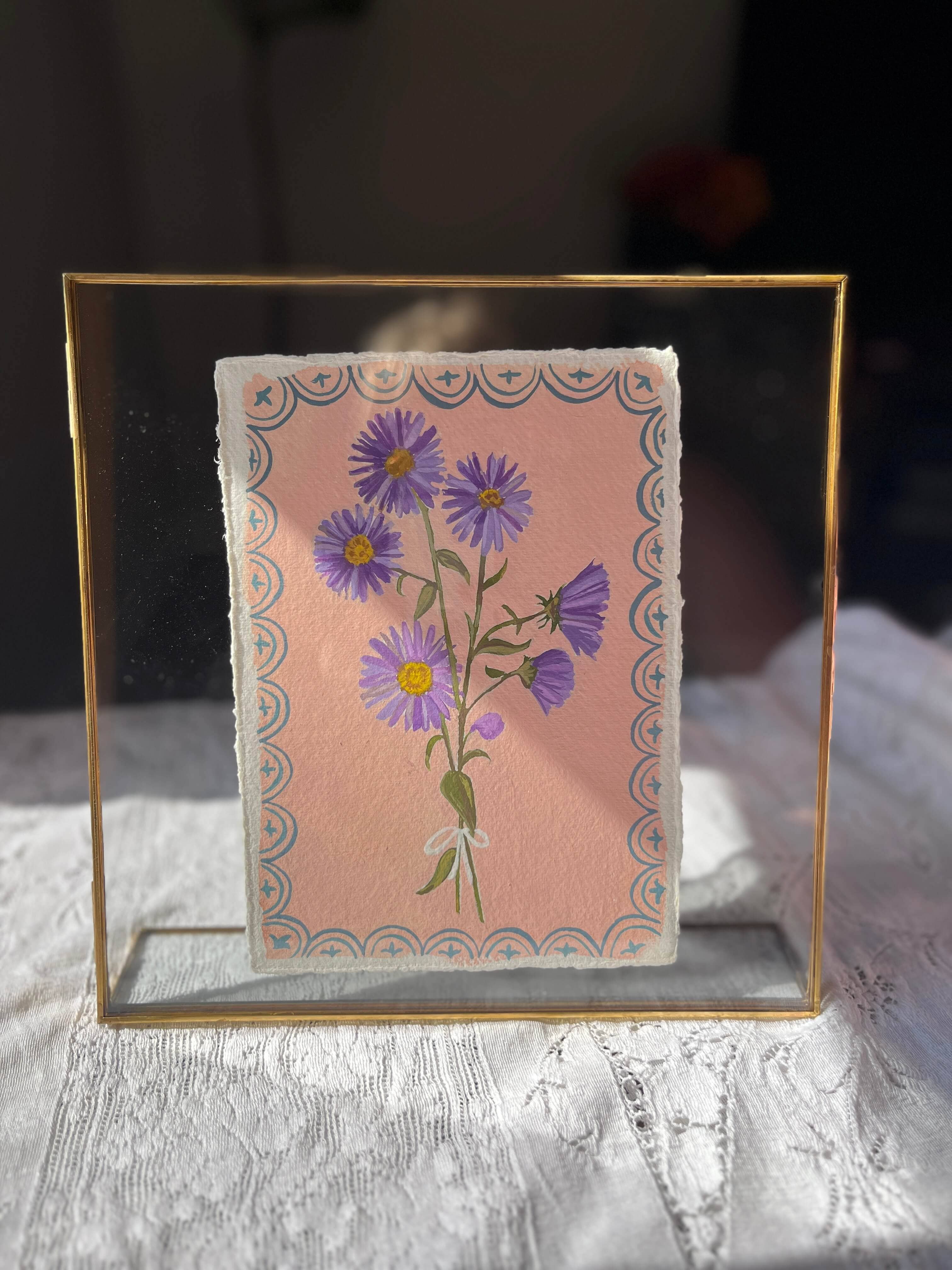 glad you're here co - Wholesale Painting/Drawing - Original September Birth Month Flower – Aster Flower Painting on Handmade Paper – Vintage Botanical Artwork for Elegance & Valor
