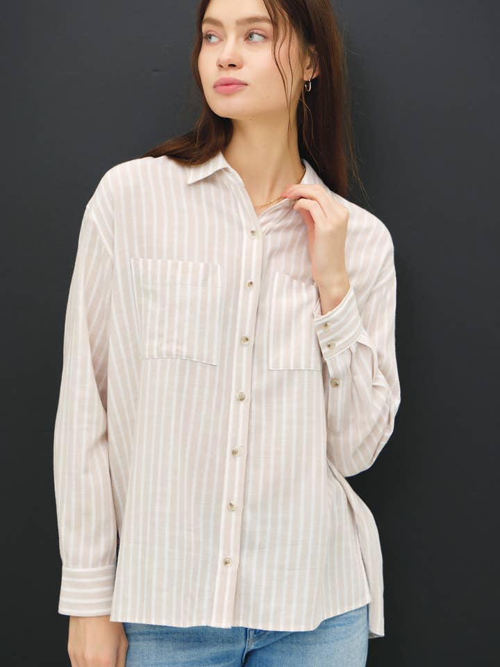 STRIPED BUTTON UP W/ FRONT CHEST POCKETS for wholesale by Be Cool