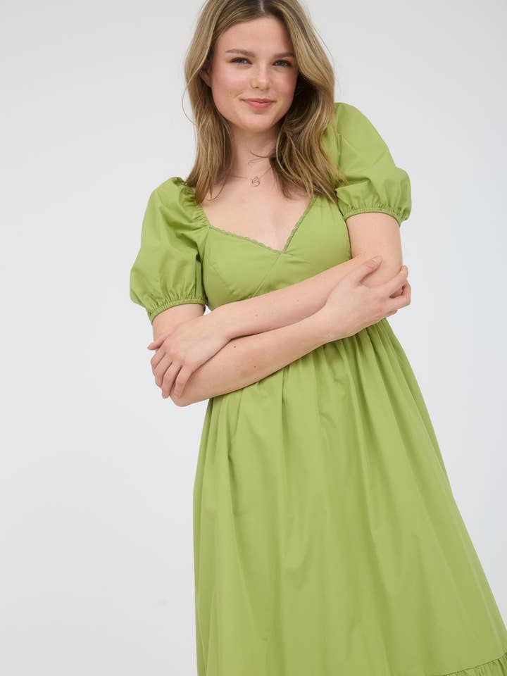 SWEETHEART NECK PUFF SLEEVE EYELET HEM MIDI DRESS for wholesale by MINE