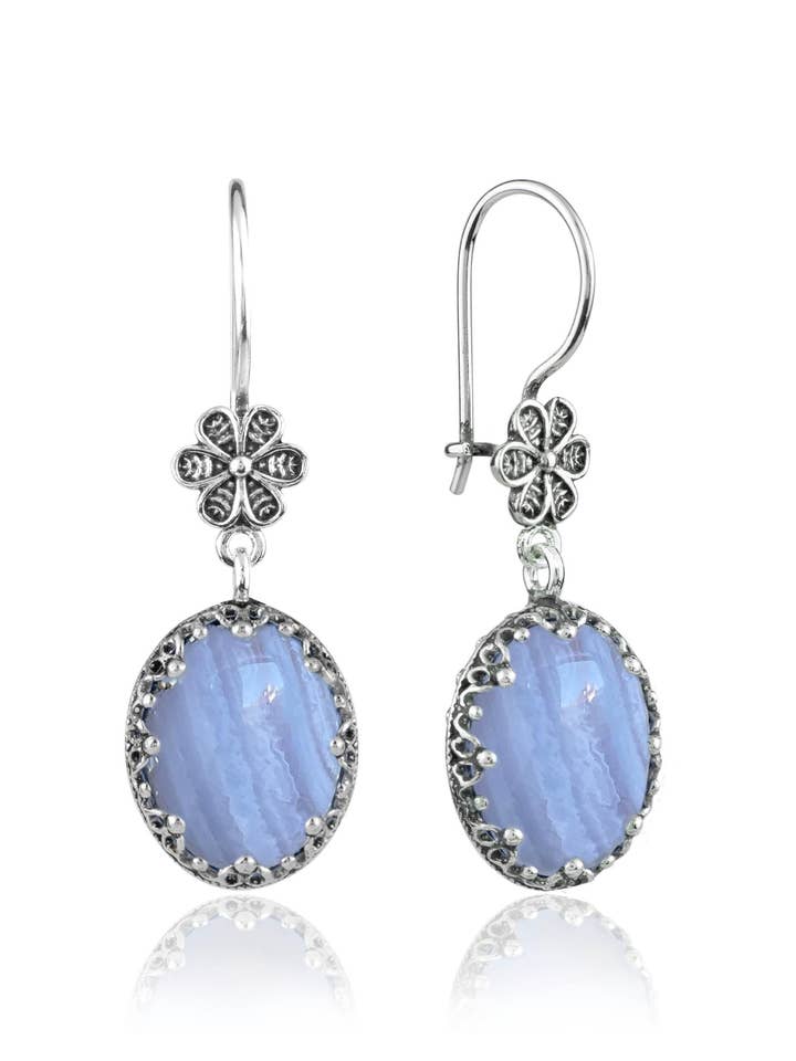 Filigree Art Blue Lace Agate Gemstone Women Silver Dangle Drop Earrings for wholesale by Filigranist Jewelry