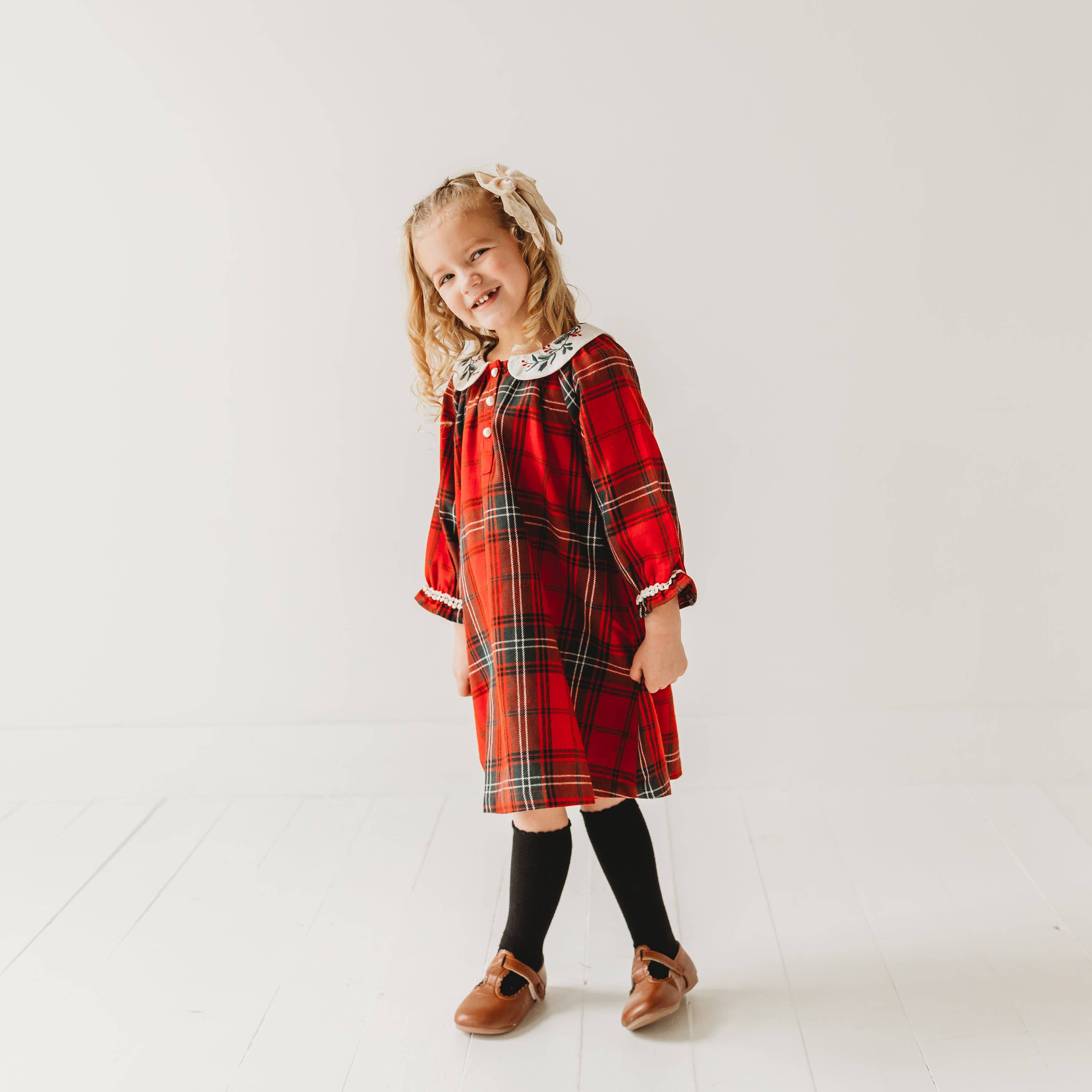 Red Plaid Girl's Christmas Dress Embroidery for wholesale on Faire3