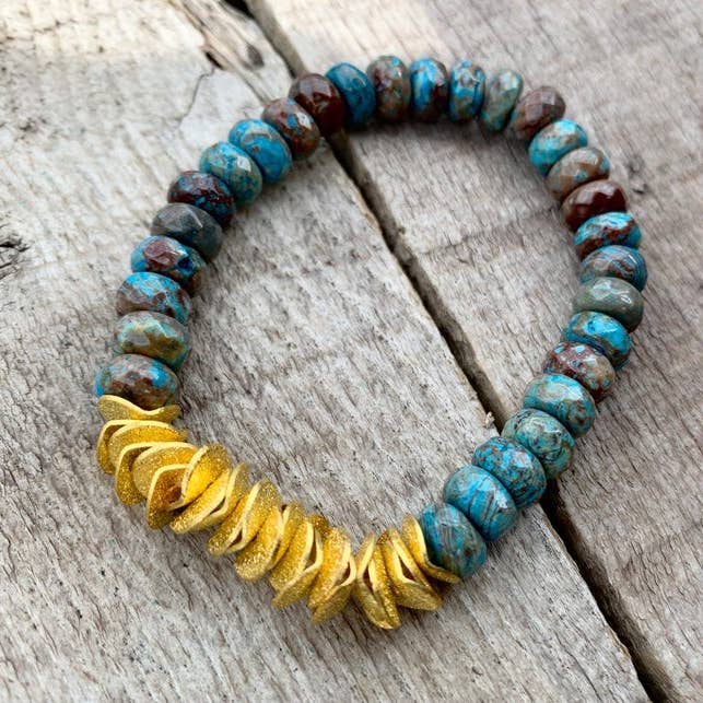 Faceted Blue Ocean Jasper Beaded Bracelet with 14 Karat Gold for wholesale by Gilded Bug Jewelry