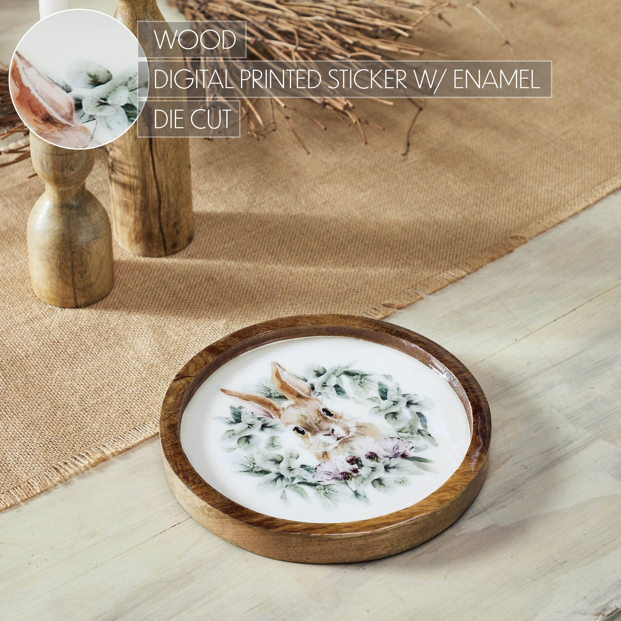 VHC Brands - Wholesale Decorative Tabletop Object - Bunny Hop Wooden Plate Natural w/ Bunny & Wreath 8 inch Diameter5