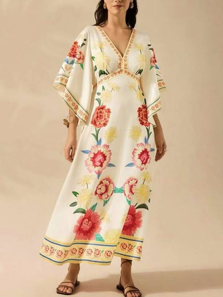 Rosa Clothing - Wholesale Dress - Women's - Exotic Tropical/ Floral Flair V-Neck Bell Sleeve Dress2