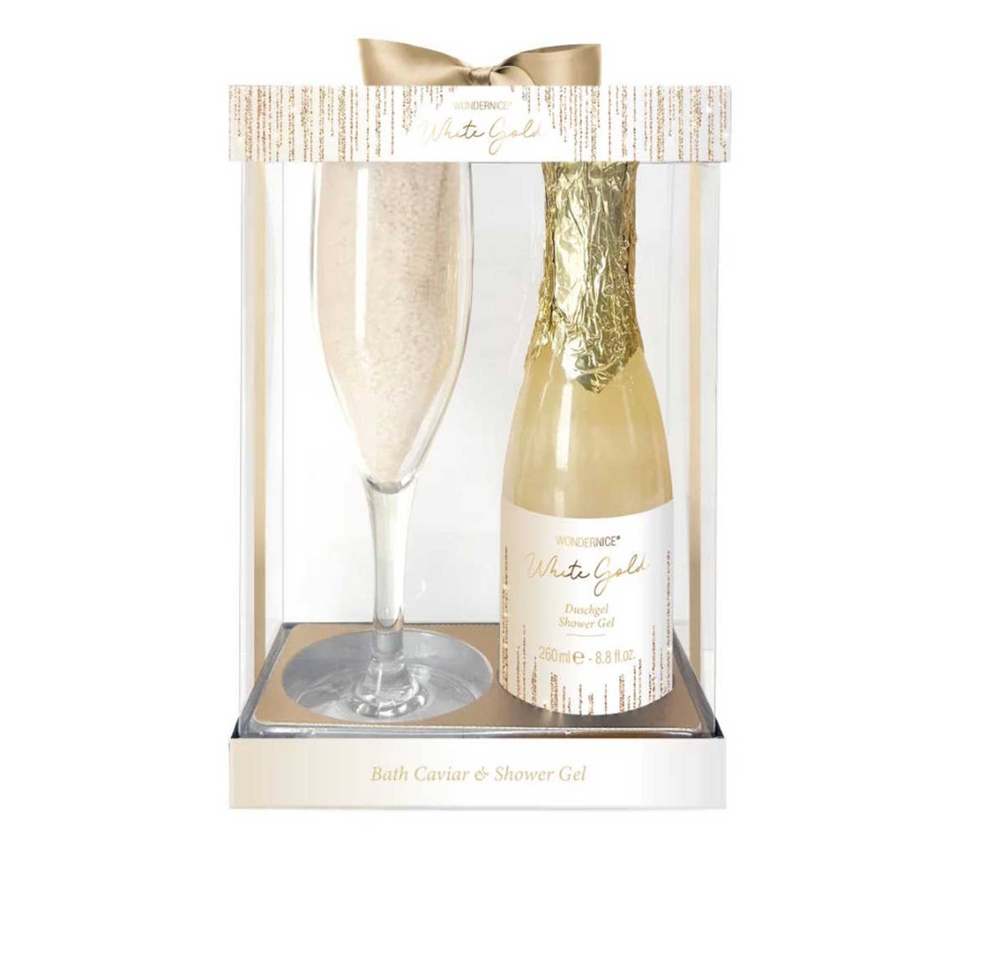 IngrossoBeauty by INCI Srl – Großhandel Bade- & Körperpflege-Set – Kosmetik-Geschenkset Weißgold mit Kelch und Champagner