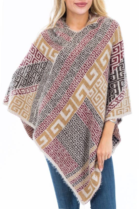 Cap Zone - Vente Poncho – femme - Poncho à capuche en faux angora Greek Key9