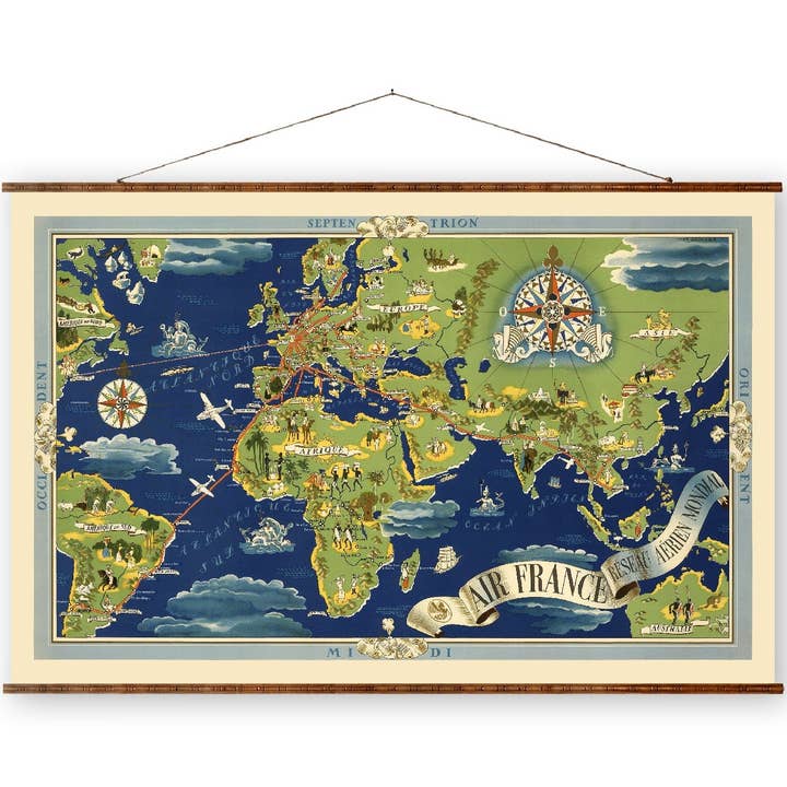 Air France Map Vintage City Map on Ready to Hang Roll Down Canvas Decorative Antique Wall Decor Map Scroll for wholesale by Maps Vintage