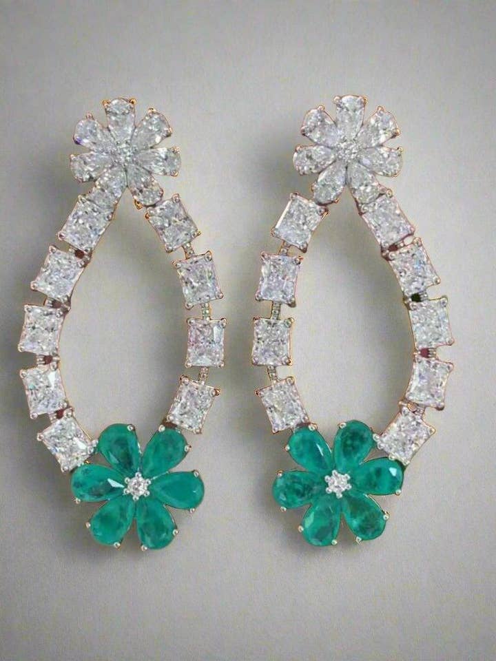 Crystal Flower Teardrop Earrings with Emerald Green Accent for wholesale by By lilly Paris