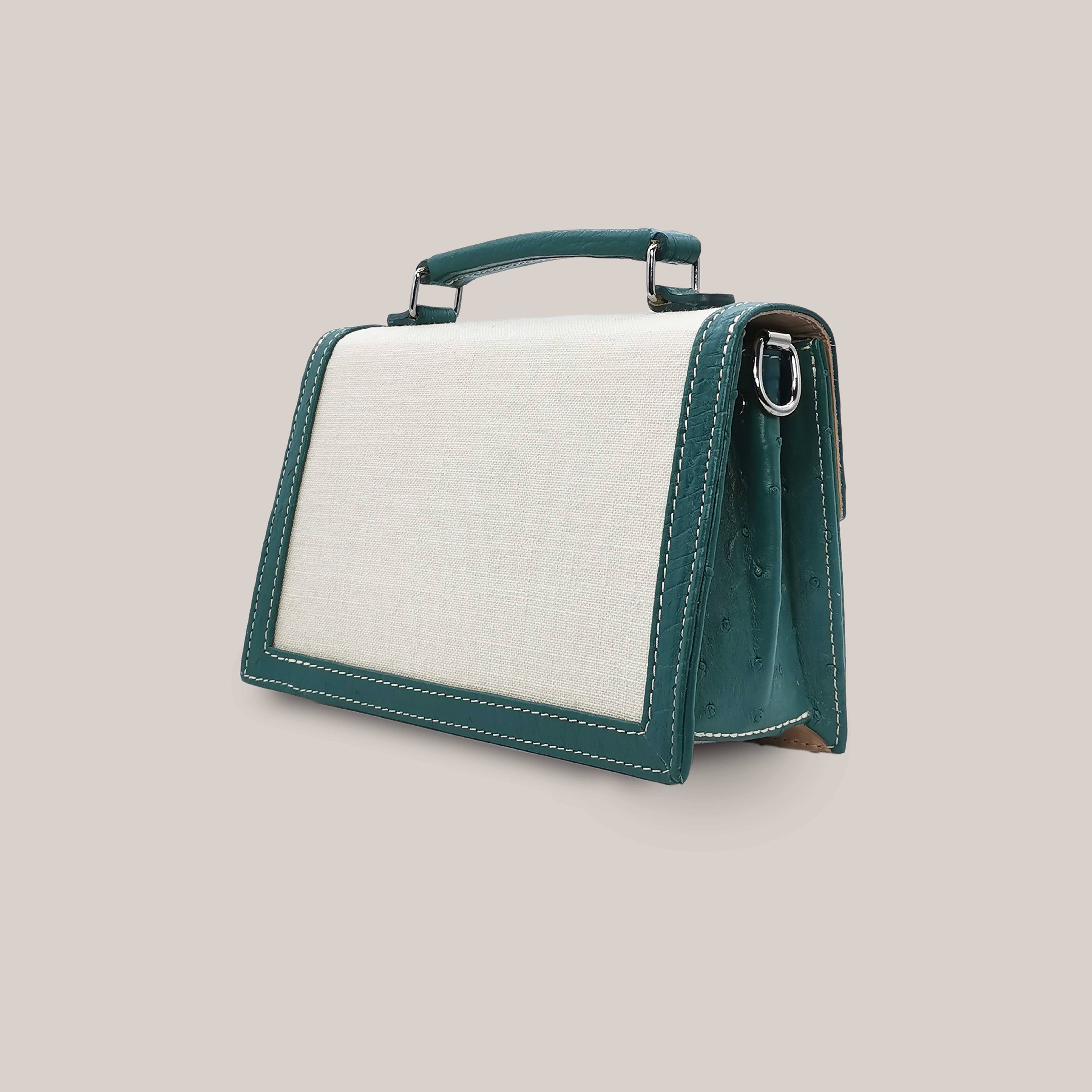 Alca Green Ostrich Leather And Linen Flip Bag for wholesale on Faire3
