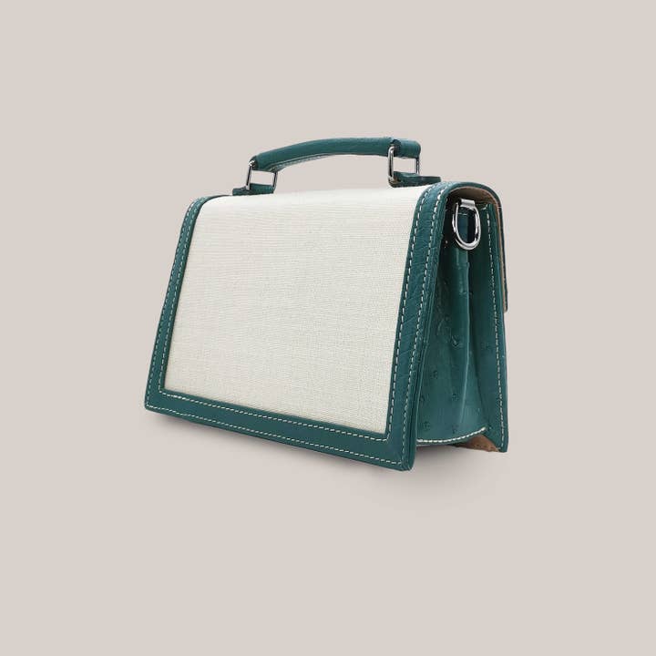 Alca Green Ostrich Leather And Linen Flip Bag for wholesale on Faire3