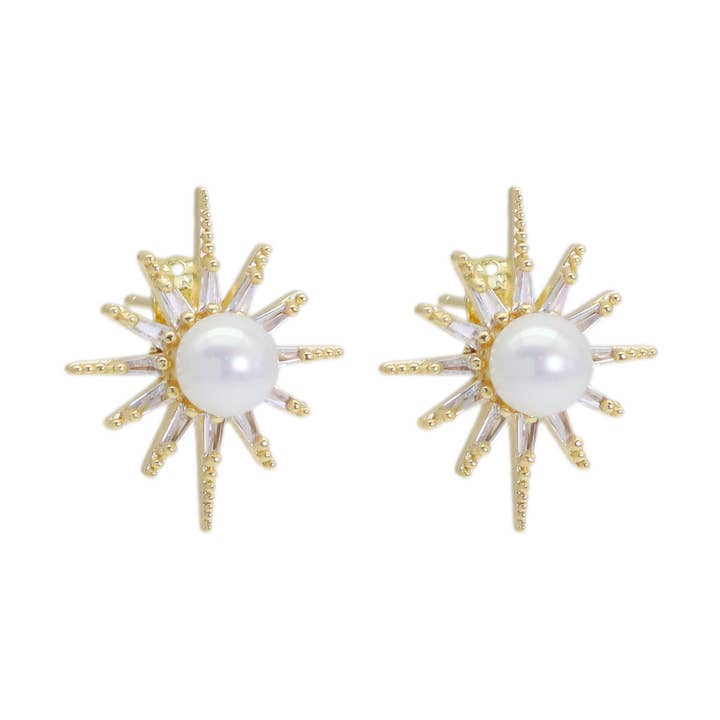 CZ Gold Starburst White Pearl Stud Earrings, Sku#ZX191 for wholesale by BestBeads&Beyond