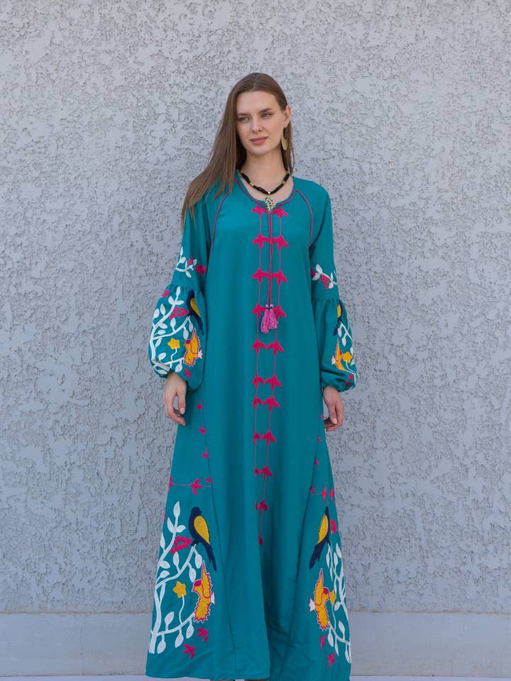 Teal Green Egyptian cotton Kaftan, caftan Kaftan maxi dress, embroidered Caftan dress, Caftan maxi dress, Caftans for women, Caftans for wholesale by Gipci