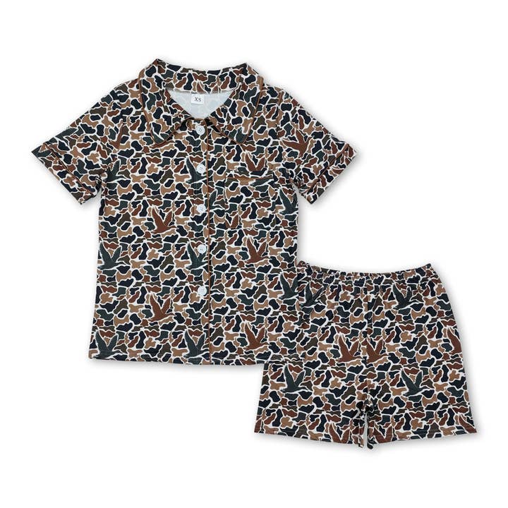 Brown duck camo adult women button down pajamas for wholesale by Yawoo Garments